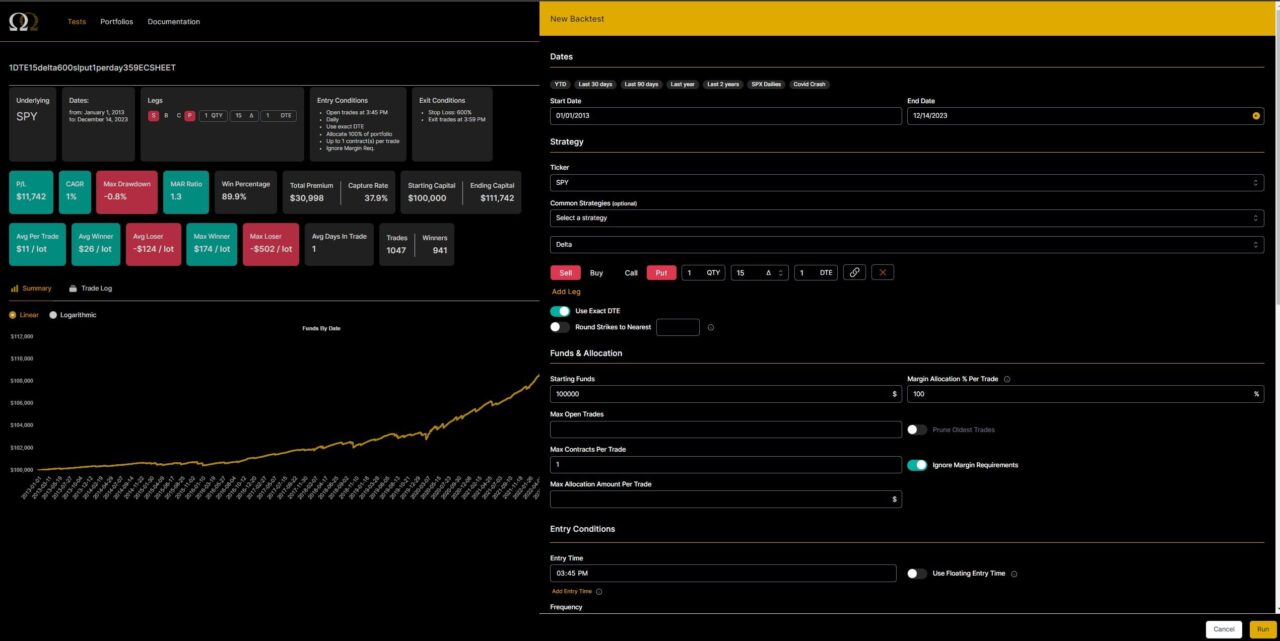 option omega test parameters