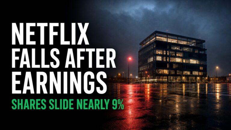 Netflix office at night with headline showing shares sliding nearly 9% after earnings