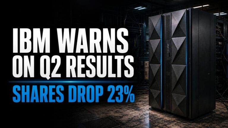 IBM enterprise mainframe with headline stating IBM warned on Q2 results and shares dropped 23%.