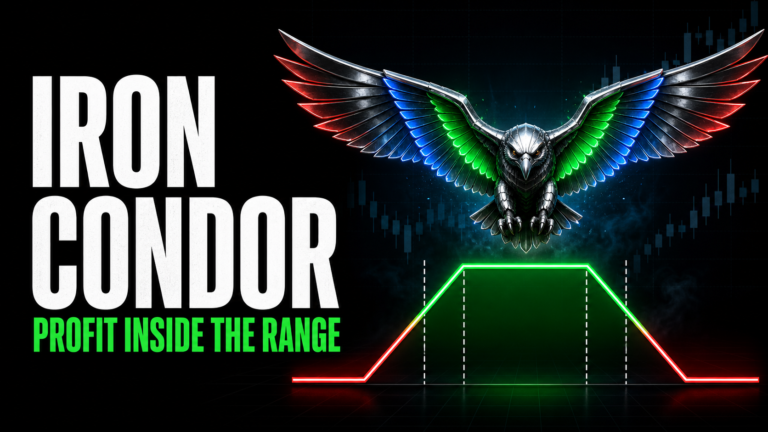 Iron condor options strategy thumbnail with a condor above a defined-risk payoff graph