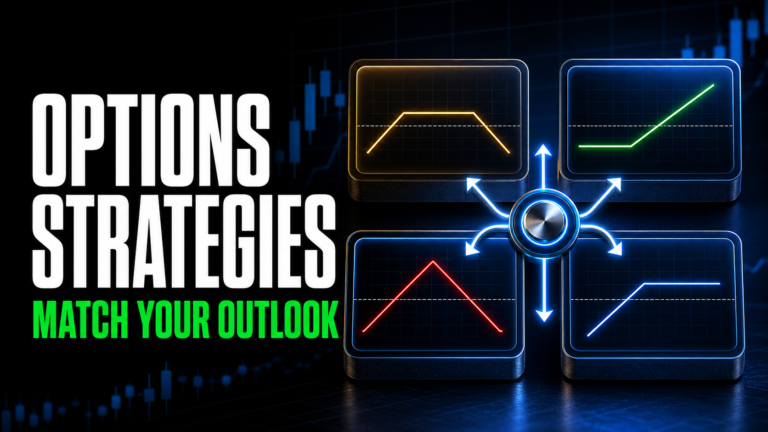 Options trading strategies thumbnail showing four payoff profiles matched to different market outlooks