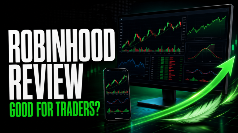 Robinhood review thumbnail showing desktop and mobile trading charts with a glowing green arrow