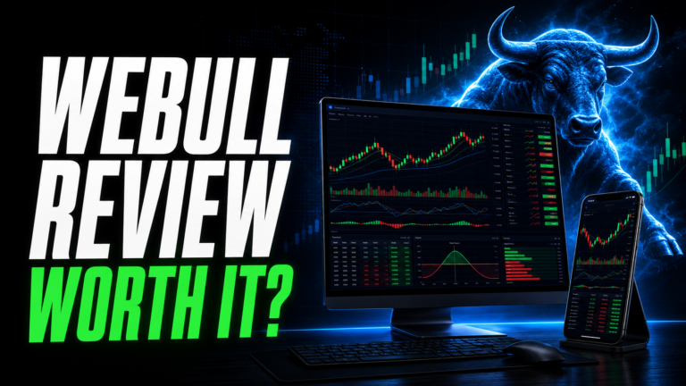 Webull review thumbnail showing a trading workstation, mobile charts, and a blue bull