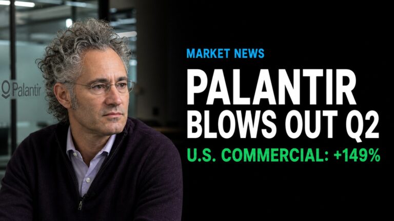 Alex Karp beside a Palantir office logo illustrating Palantir's strong second-quarter commercial growth.