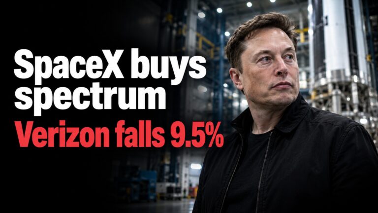 SpaceX spectrum deal illustration with Elon Musk and the original Verizon intraday decline of 9.5%.